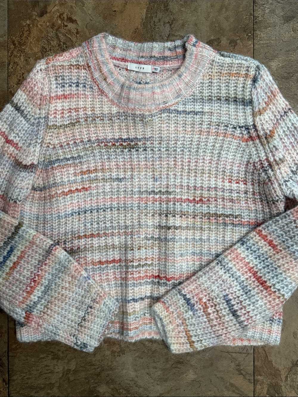 Lush Pastel Multistripe Crop Waffle-Knit Crewneck Sweater Medium